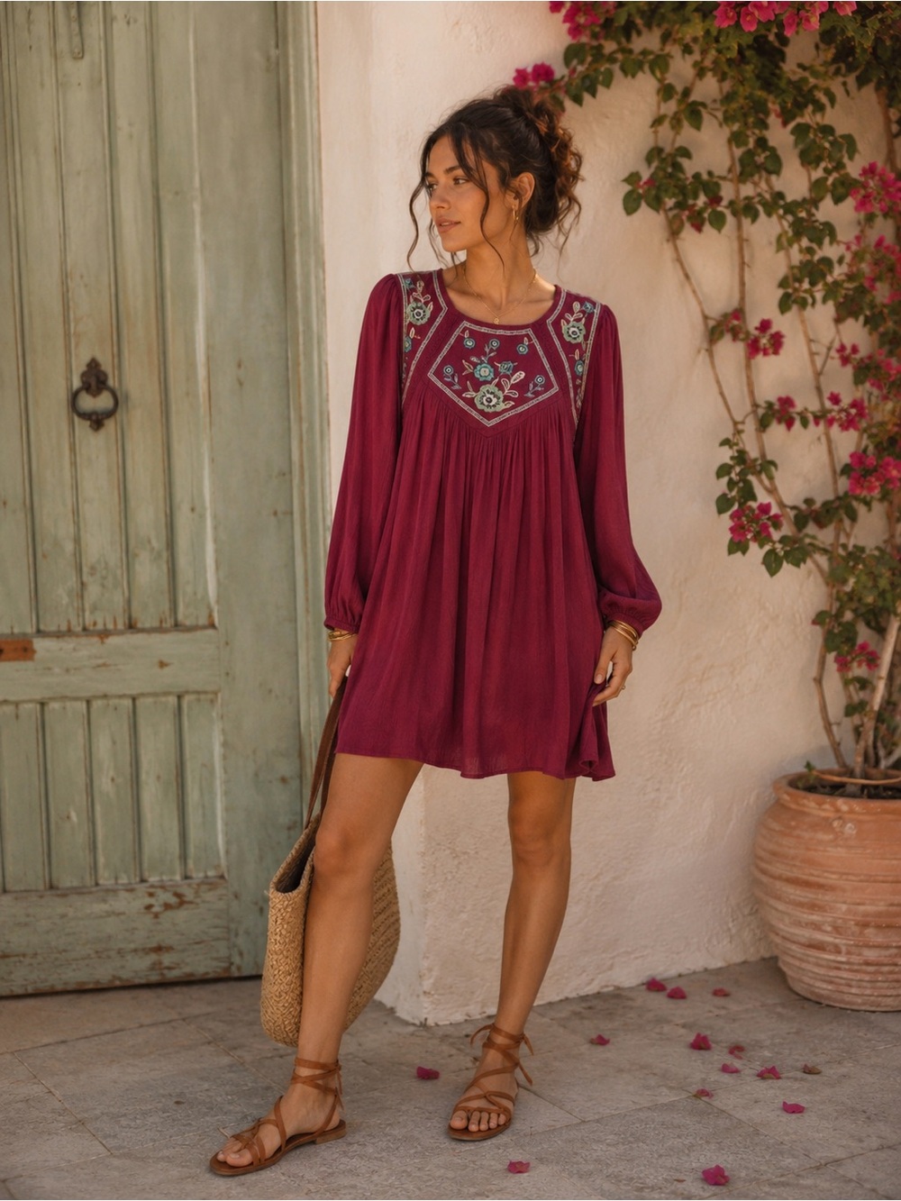 Blue Rain Boho Embroidered Mini Dress Burgundy XS Free People Style